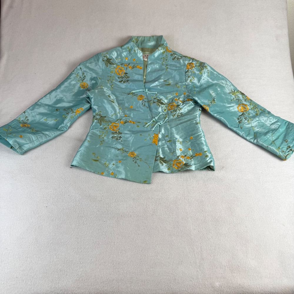 Laogudai Women's Aqua Blue Floral Embroidered Frog Closure Jacket L
